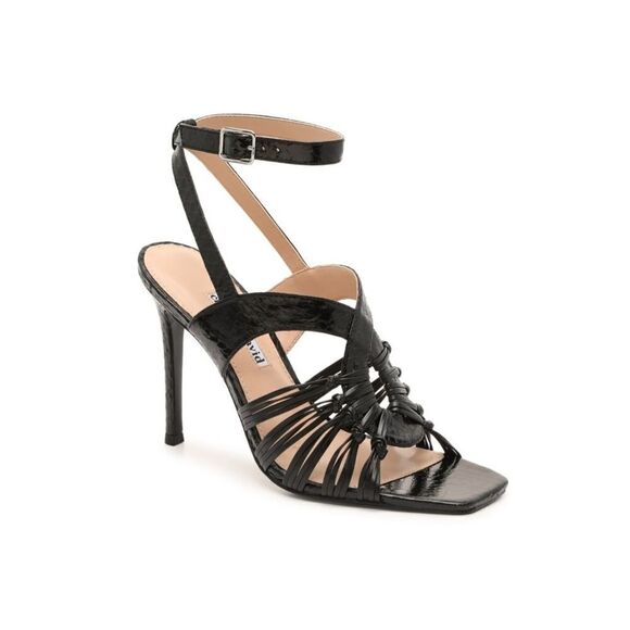 Charles David Vibrant Square Toe Ankle Strap Black Leather Stiletto Heel Size 8 - Picture 1 of 9